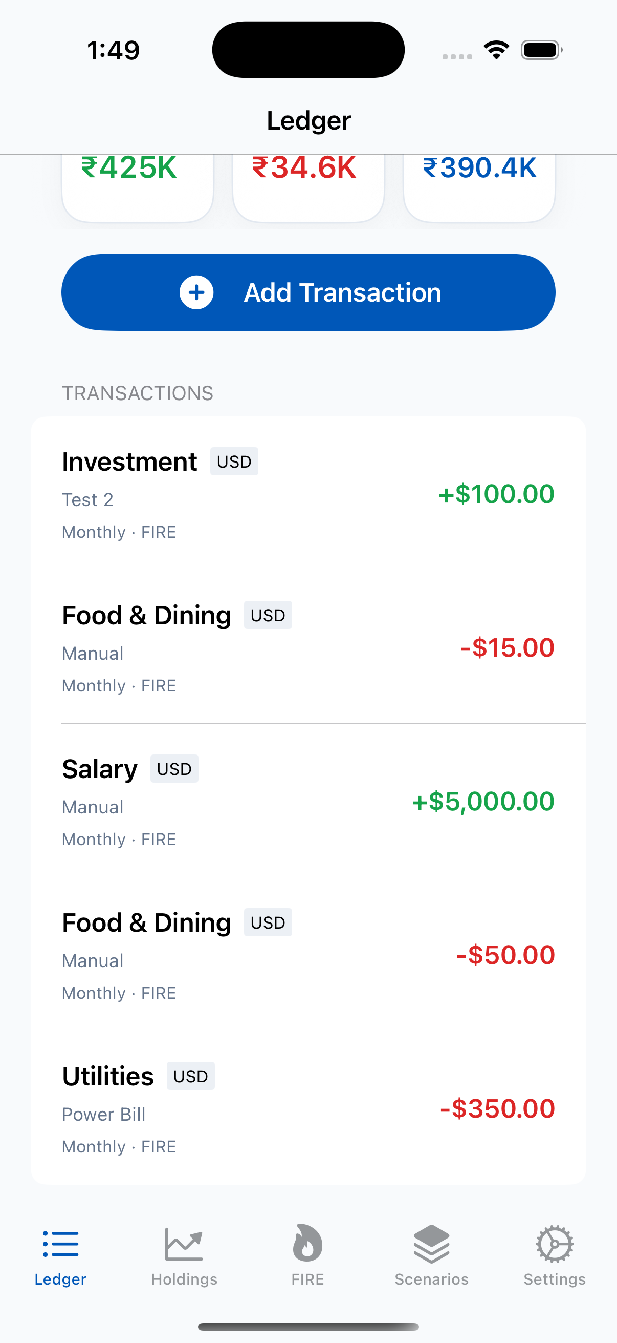 LumaV light theme iPhone ledger screen